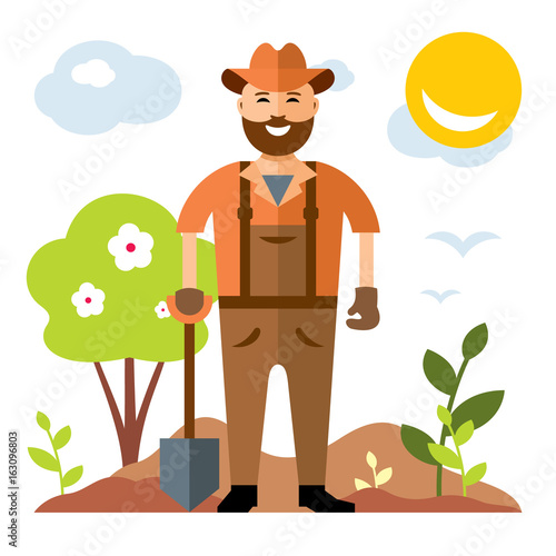 Vector Gardening. Man with shovel. Flat style colorful Cartoon illustration.