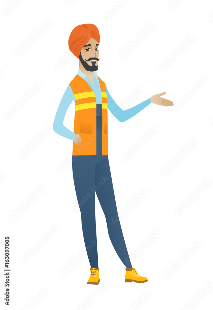 Hindu builder with arm out in a welcoming gesture. Hindu builder with arm out in a welcoming gesture.