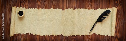 papyrus scrolls with ink and pen, panorama photo