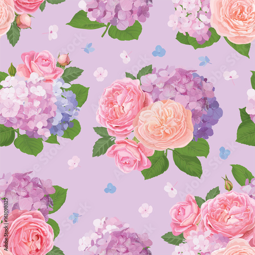 Seamless pattern bouquet of roses with hydrangea flowers on purple background. Vector set of blooming floral for your design. Adornment for wedding invitations and greeting card. 