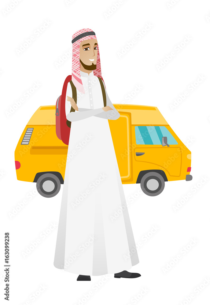 Traveler standing on the background of minibus.