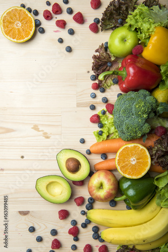 Fototapeta Naklejka Na Ścianę i Meble -  Vegetables and fruits on wood table ,Healthy food concept