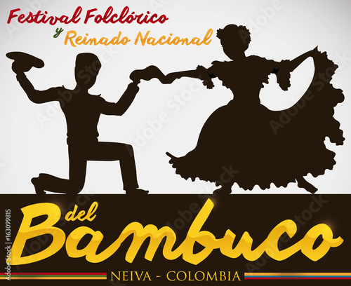 Bambuco's Silhouette Dance Performance for Colombian Folkloric Festival, Vector Illustration