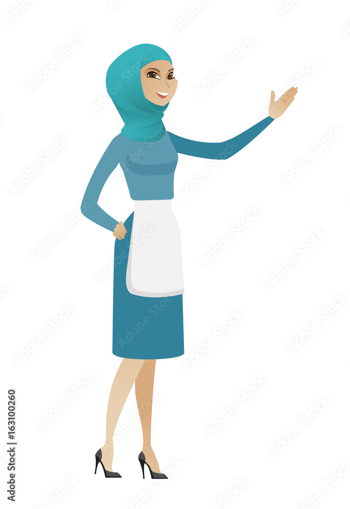 Muslim cleaner pointing at something by hand. Muslim cleaner pointing at something by hand.