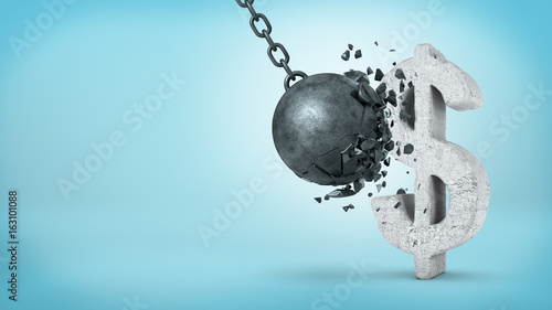 Quadro su tela 3d rendering of a large wrecking ball hitting a concrete USD sign and unable to break it on blue background