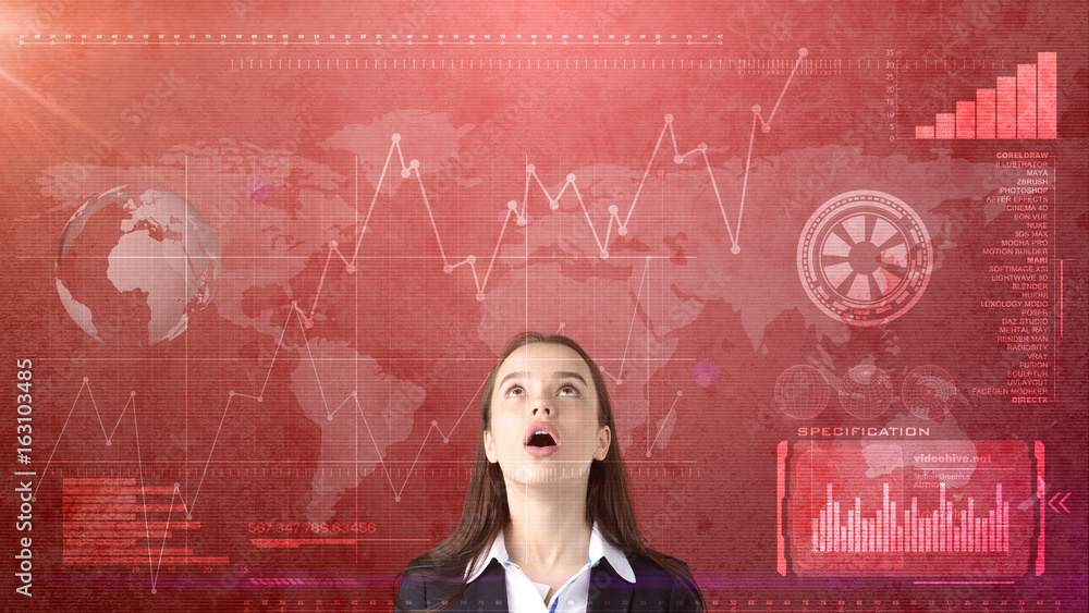 Beautiful businesswoman looking up at copyspace. Standing over business and investmen concept background. Beautiful businesswoman looking up at copyspace. Standing over business and investmen concept background.