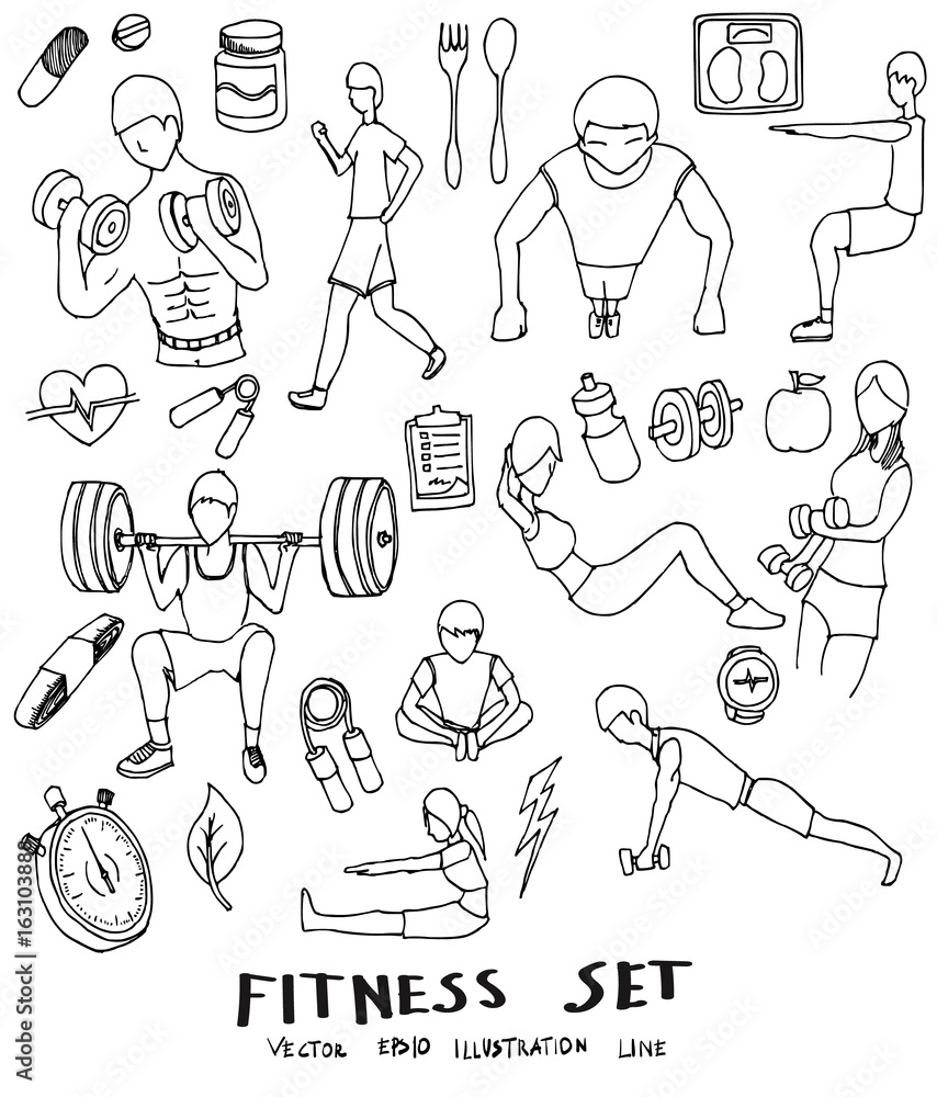 Obraz premium Set of Doodle fitness Hand drawn Sketch line vector illustration eps10