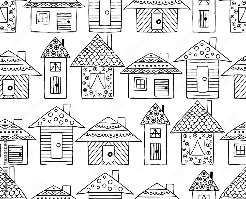 Vector hand drawn seamless pattern, decorative stylized black and white childish houses. Doodle sketch style, graphic illustration, background. Ornamental cute hand drawing. Line drawing.