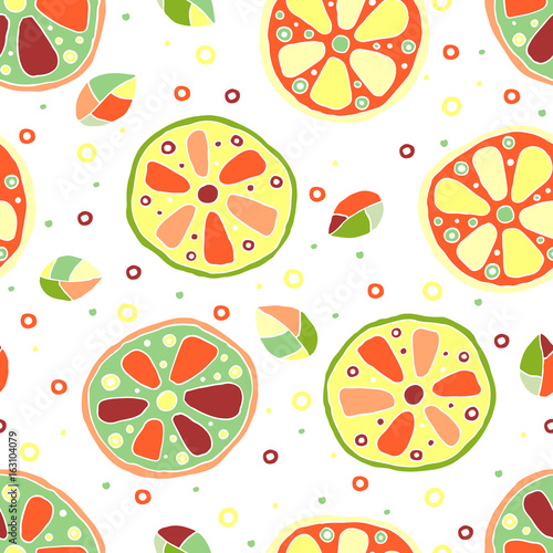 Seamless vector hand drawn childish pattern, border, with fruits. Cute childlike lime, lemon, orange, grapefruit with leaves, seeds, drops. Doodle, sketch, cartoon style background.