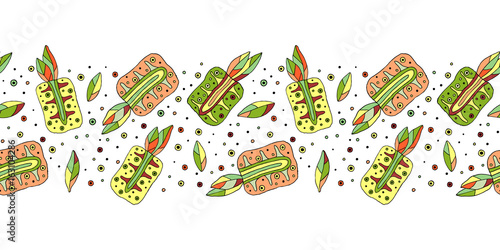 Seamless vector hand drawn childish pattern, border with fruits. Cute childlike pineapple with leaves, seeds, drops. Doodle, sketch, cartoon style background. Line drawing Endless repeat swatch