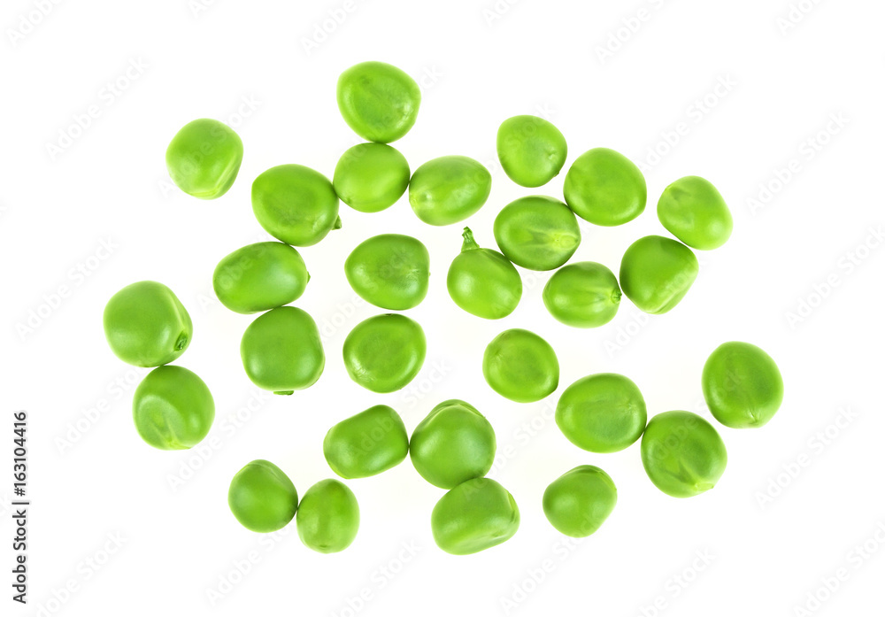 Green peas isolated on white background, top view