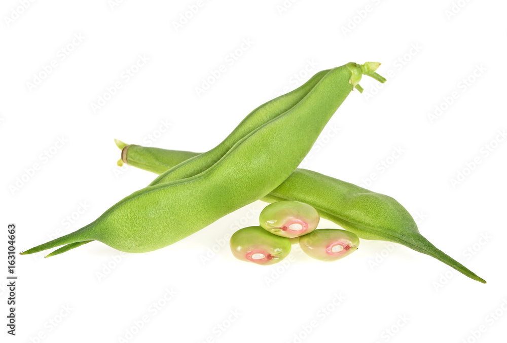 Obraz premium Fresh young pods of beans with beans on white background