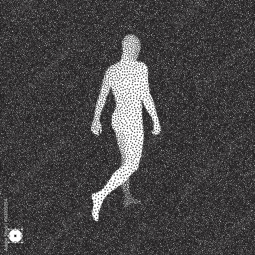 Walking Man. 3D Human Body Model. Black and white grainy design. Stippling effect. Vector illustration.