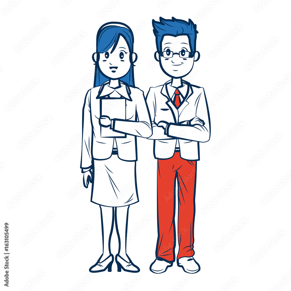 business man and woman standing partners cartoon