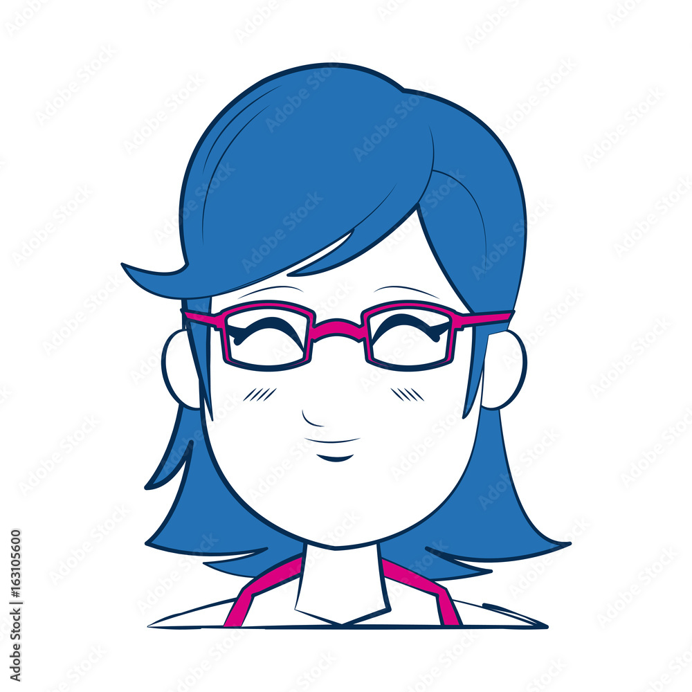 cartoon woman face smiling with blue hair