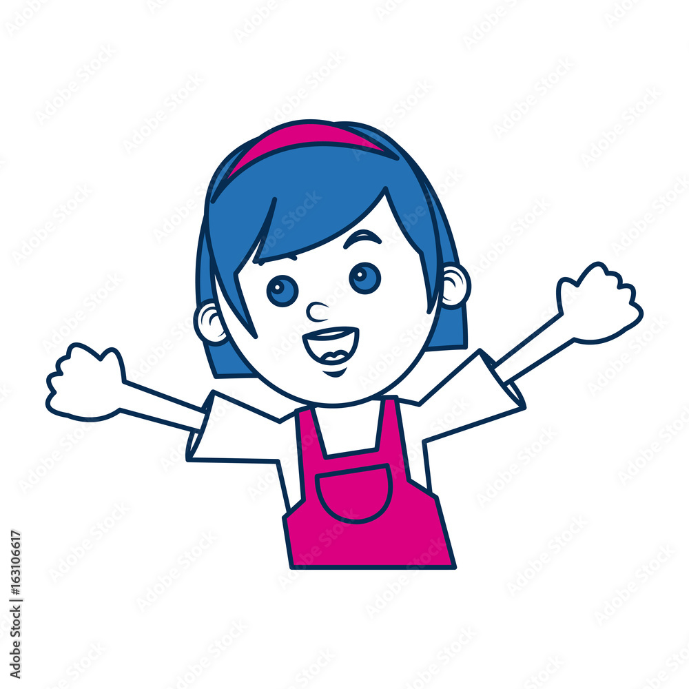 girl character schoolkid cheerful in blue and fuchsia