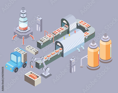 Automated production line. Factory floor with conveyor and various machines. Industrial vector illustration in isometric projection.