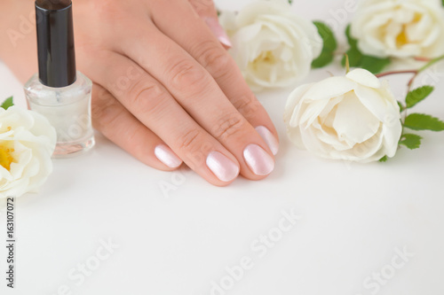 Cares about hands nails. Manicure beauty salon. Nails in pink color. Spring and summer gentle atmosphere with fresh and fragrant white roses on the table.