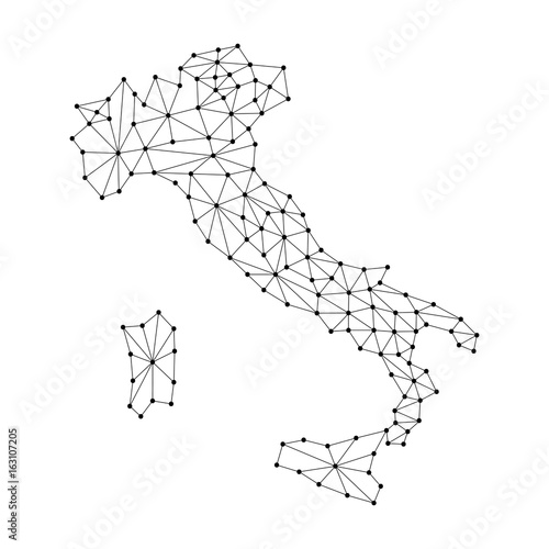 Valokuvatapetti Italy map of polygonal mosaic lines network, rays and dots vector illustration
