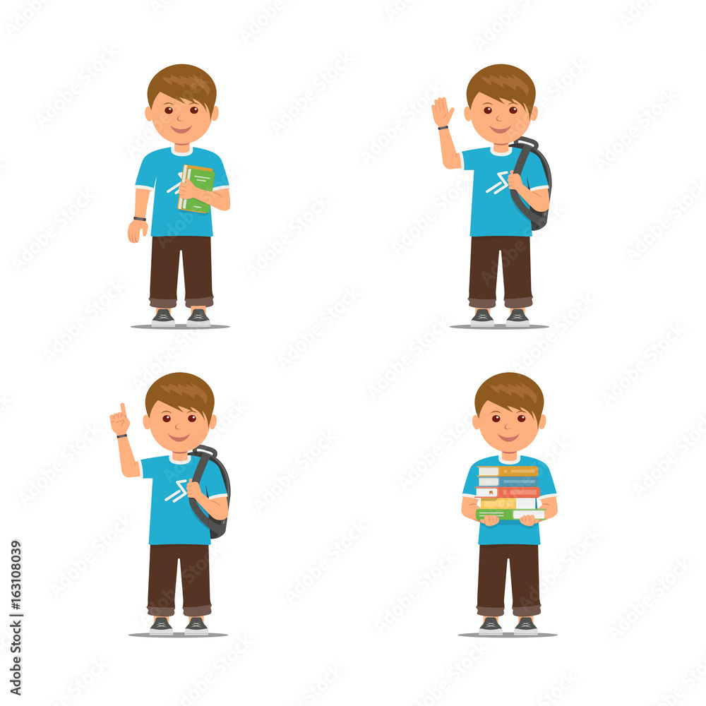 Pupils with different pose isolated on white background. Cartoon school boys .