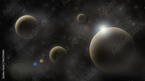 Planet on cloudy space . illustration . Abstract scientific background .