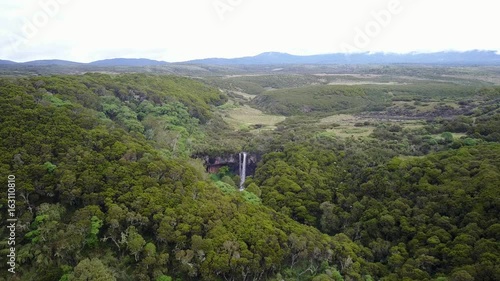 Waterfall in mountain river. Aerial drone footage. Aberdares National Park, Kenya photo