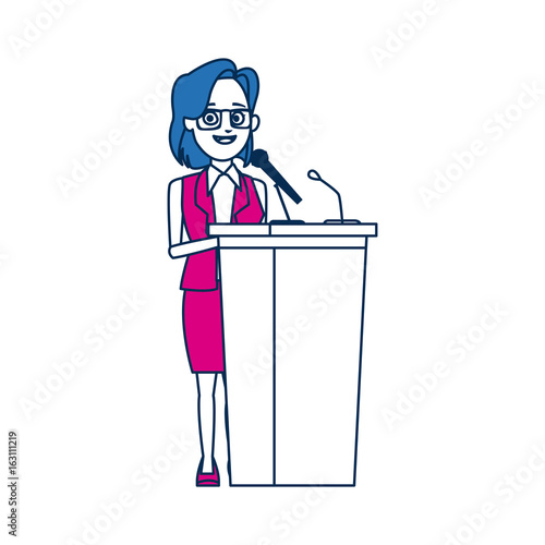 politician woman standing behind rostrum and giving a speech