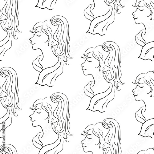 Young Women, Seamless Pattern, Black Contours Isolated On Tile White Background. Vector