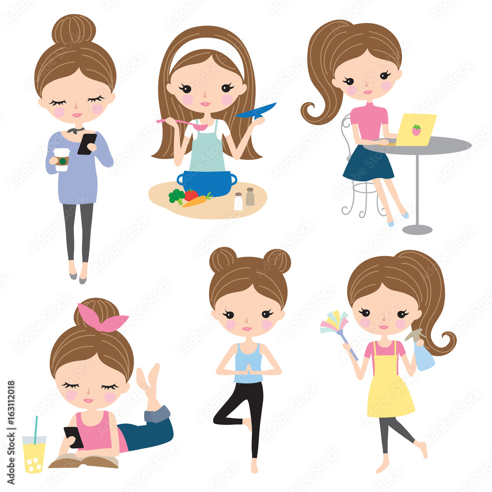Vector illustration of woman or girl in different lifestyle activities such as cooking, working, reading, cleaning, doing yoga, texting.
Vector illustration of woman or girl in different lifestyle activities such as cooking, working, reading, cleaning, doing yoga, texting.