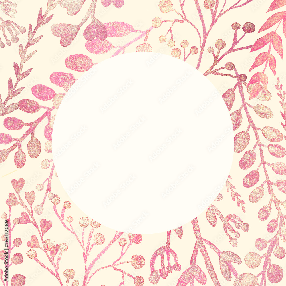 Background with pearl pink branches and leaves. Frame, greeting, invitation card, cover of notebook