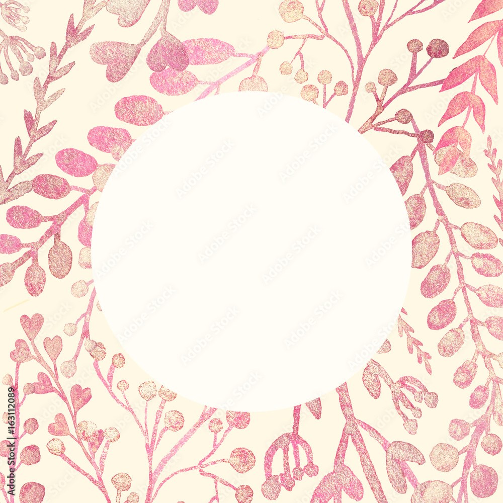 Background with pearl pink branches and leaves. Frame, greeting, invitation card, cover of notebook Background with pearl pink branches and leaves. Frame, greeting, invitation card, cover of notebook