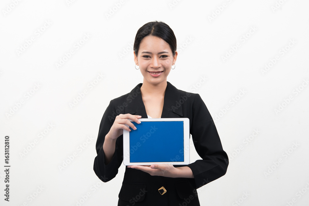 Businesswoman holding tablet in hands isolated on white background. Businesswoman holding tablet in hands isolated on white background.