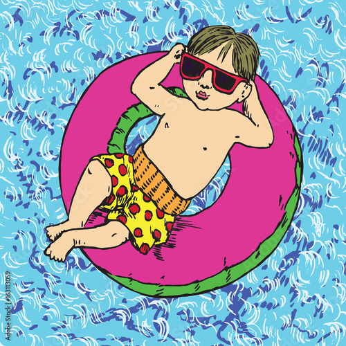 Child in sunglasses lay on pink inflatable ring, blue clean water waves background, hand drawn doodle, sketch in pop art style, color vector illustration