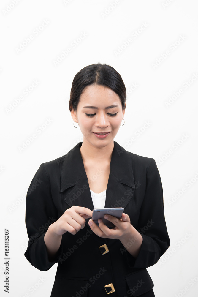 Portrait of Confident business woman talking on the mobile cell phone isolated on white background. Portrait of Confident business woman talking on the mobile cell phone isolated on white background.