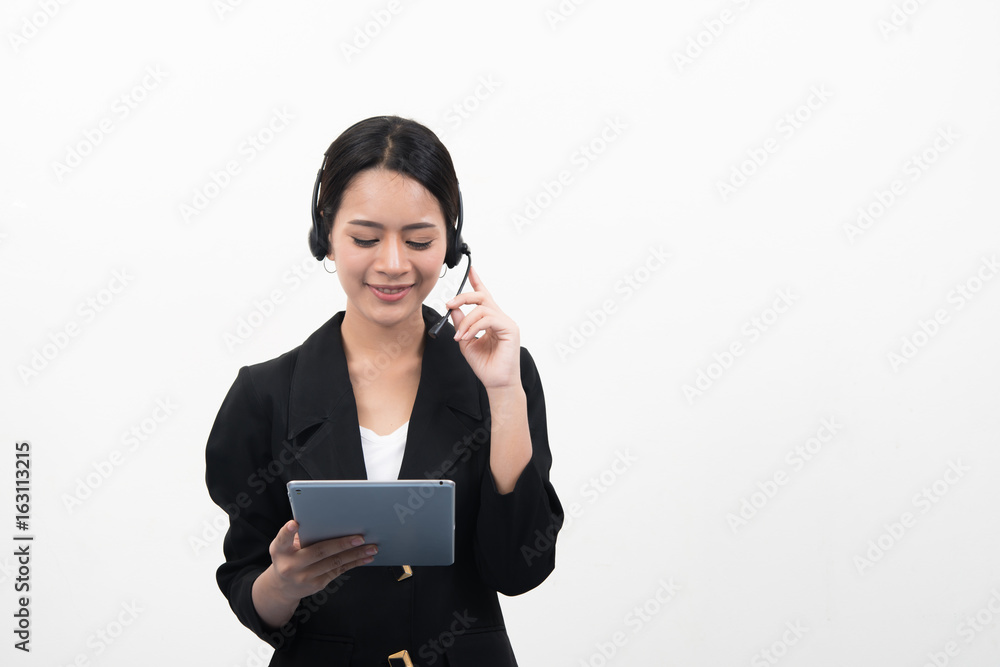 Young asian woman with Support phone operator in headset, isolated on white background. Young asian woman with Support phone operator in headset, isolated on white background.