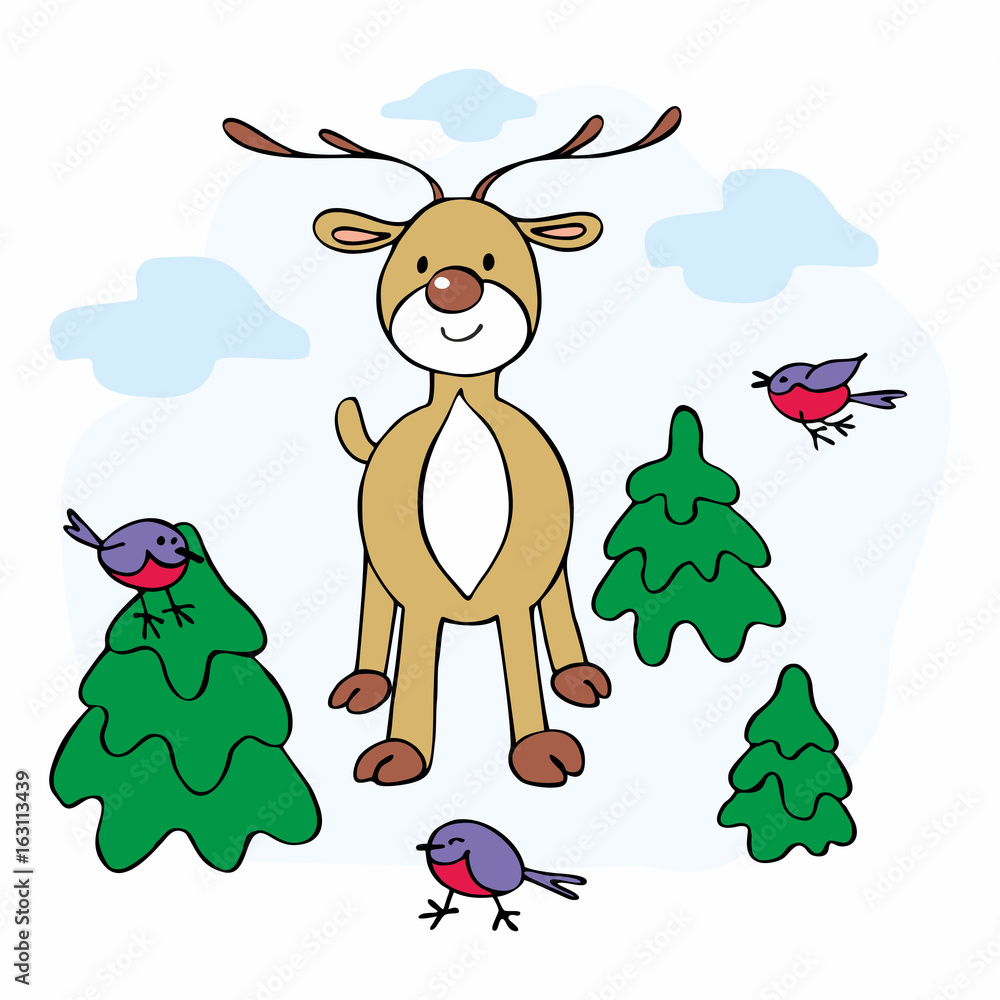 Fototapeta premium Cheerful Christmas illustration with the image of a ridiculous deer, bullfinches and fir trees.