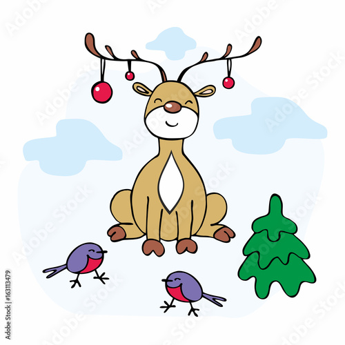 Cheerful Christmas illustration with the image of a ridiculous deer, bullfinches and fir trees.