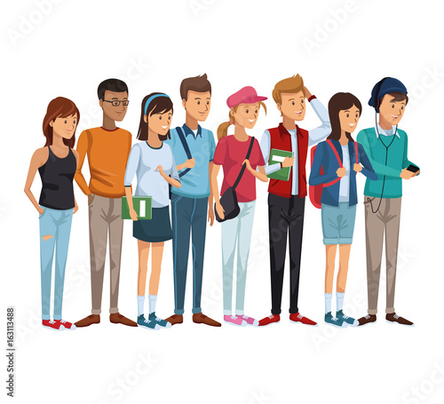 colorful set group of students teenagers standing