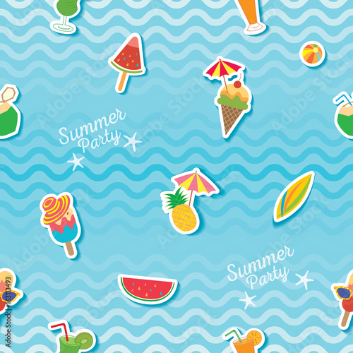 Summer party with ice cream popsicles and fruit symbol on water wave background decorated to seamless pattern.