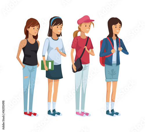 colorful set group of girl students standing