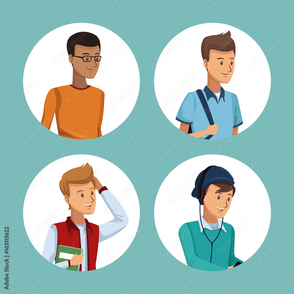colorful set in circular frame of men students half body colorful set in circular frame of men students half body