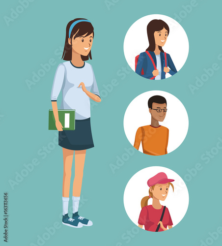 colorful girl standing and set in circular frame of people students half body