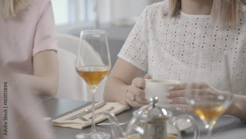 Two young women - sisters or friends - are similar to each other: sit in a cafe and communicate with their friends. Two girls in restaurant drink tea and look at interlocutors opposite. Two young women - sisters or friends - are similar to each other: sit in a cafe and communicate with their friends. Two girls in restaurant drink tea and look at interlocutors opposite.