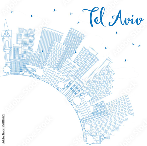 Outline Tel Aviv Skyline with Blue Buildings and Copy Space.