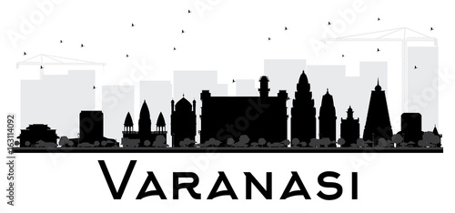 Varanasi City skyline black and white silhouette.