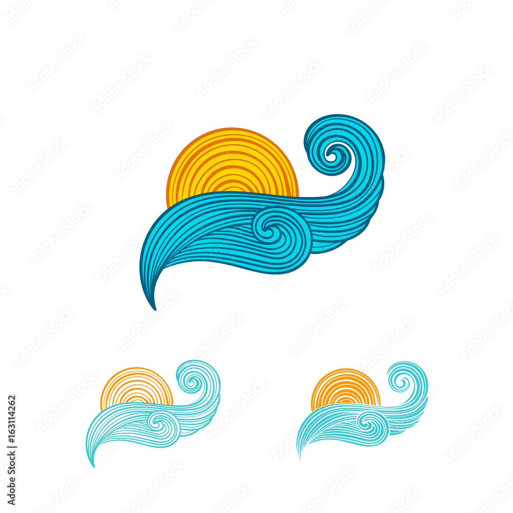 Fototapeta premium Sun and sea wave. Vector hand drawn logo temolate.