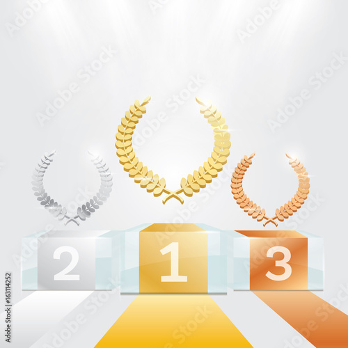 Glass Winner Podium with Spotlights and Laurel Wreath.