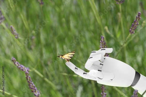 Robot hand with a butterfly on it's finger photo