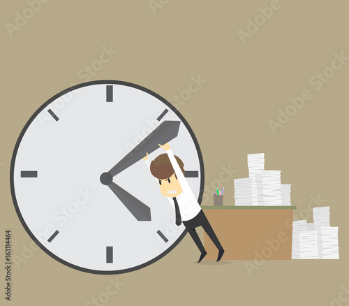 Businessman trying to stop time. Stopping minute hand on a big clock on the wall,Business cartoon concept character.Vector Illustration