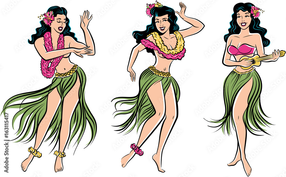 Group of retro pop art Hawaiian Hula girl dancing in a grass skirt - obrazy, fototapety, plakaty 